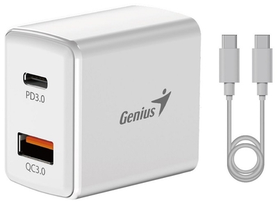 Genius Зарядное устройство сетевое Genius 32590009400 (20Вт) + кабель (USB-C -> USB-C) USB-C+USB-A output: DC 5V/3A, 1 метр. PD-20ACP 32590009400