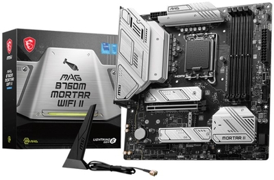 MSI Материнская плата mATX MSI (LGA1700, 4*DDR5 (7800), 4*SATA 6G RAID, 3*M.2, 2*PCIE, 2.5Glan, WiFi, BT, DP, HDMI, USB Type-C, 3 MAG B760M MORTAR WIFI II 