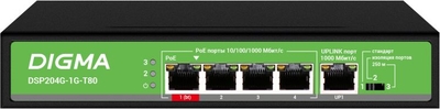 Digma Коммутатор PoE Digma 5x1Гбит/с 4PoE 4PoE+ 1PoE++ 80W неуправляемый DSP204G-1G-T80 