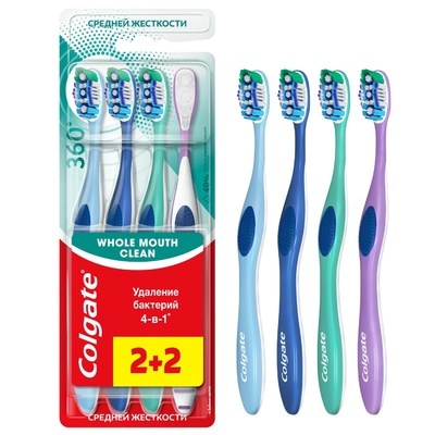 Colgate Щетка для зубов Colgate 360 2+2 средней жесткости 