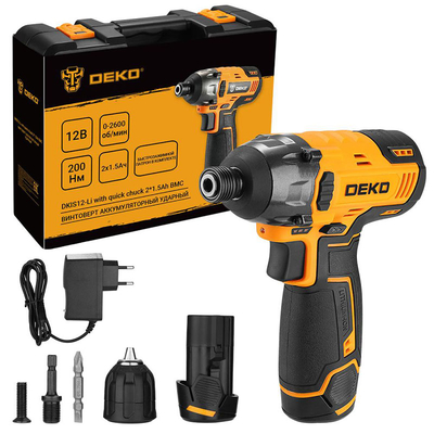 Deko Винтоверт аккумуляторный ударный Deko , 063-4390, с быстрозажимным патроном, в кейсе (12В, 2*1.5Ач) DKIS12-Li