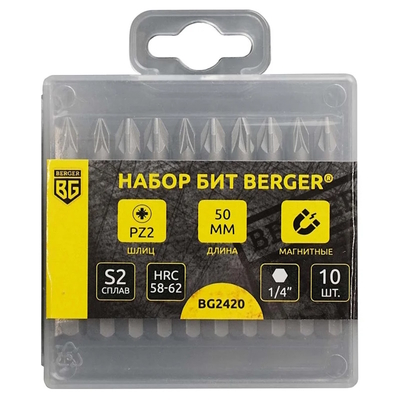 Berger BG Набор бит Berger BG , магнитных, PZ2x50мм, 10 шт., S2 BG2420 