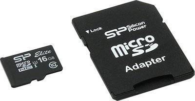 Silicon Power Карта памяти microSDHC UHS-I SILICON POWER Elite 16 ГБ, 40 МБ/с, Class 10, , 1 шт., переходник SD SP016GBSTHBU1V10-SP 