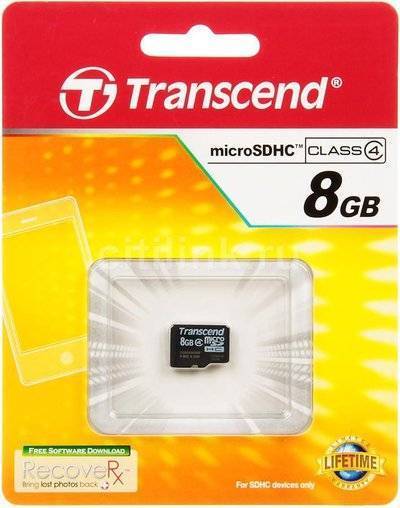 Transcend Карта памяти microSDHC TRANSCEND 8 ГБ, Class 4, , 1 шт. TS8GUSDC4 
