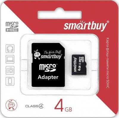 Smartbuy Карта памяти 4GB SmartBuy micro SDHC class 4 (SD адаптер) microSDHC 4Gb + адаптер SB4GBSDCL4-01