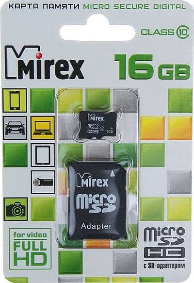 Mirex Карта памяти MicroSDHC Mirex 16Gb Class 10 с адаптером Black 