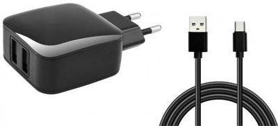 Jet.A Универсальное зарядное устройство от сети 220В UC-C18 (2 USB-портa, интеллектуальный чип управления, 3.1А, DATA кабель USB Type-C в комплекте) Цвет - чёрный Jet.A UC-C18