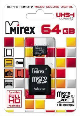 Mirex Карта памяти Mirex microSDXC 64 ГБ Class 10, V10, A1, UHS-I U1, R/W 45/25 МБ/с, адаптер на SD, 1 шт., черный 13613-AD10SD64 