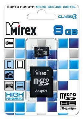 Mirex Карта памяти Mirex microSDHC 8 ГБ Class 4, R/W 12/5 МБ/с, адаптер на SD, 1 шт., черный 13613-ADTMSD08 