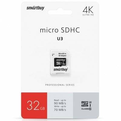 Smartbuy Карта памяти Smartbuy microSDHC 32GB Class10 PRO с адаптером (SB32GBSDCL10U3-01) 