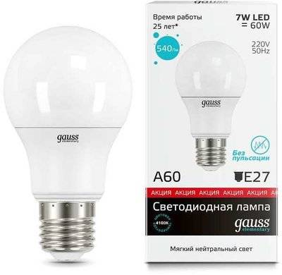 Gauss 23227A Лампа LED Elementary A60 7W E27 4100K 1/100 Gauss Elementary 23227A 23227A