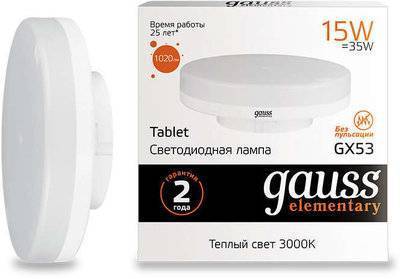 Gauss 83815 Лампа LED Elementary GX53 15W 1020lm 3000K 1/10/100 Gauss Elementary 83815 83815