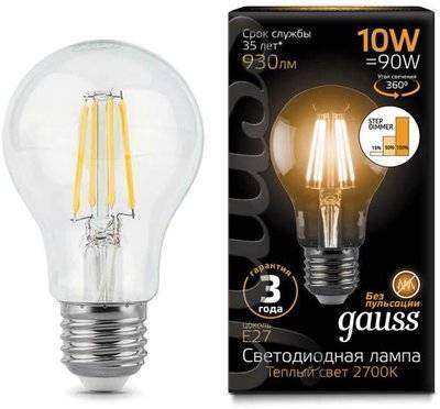 Gauss 102802110-S Лампа LED Filament A60 E27 10W 2700К step dimmable 1/10/40 Gauss Filament 102802110-S 102802110-S