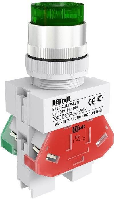 Dekraft 25135DEK Выкл. кноп. с фикс. ABFP ?22 мм зел. LED 220В ВK-22 Упаковка (10 шт.) DEKraft ВК22 25135DEK