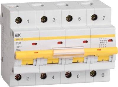 Iek ВА47-100 MVA40-4-100-C Автоматический выключатель четырехполюсный 100А (10 кА, C) IEK MVA40-4-100-C