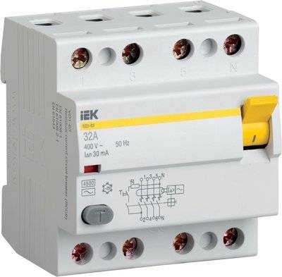 Iek ВД1-63 MDV10-4-100-100 Выключатель дифференциального тока четырехполюсный 100А 100мА (тип AC) IEK MDV10-4-100-100