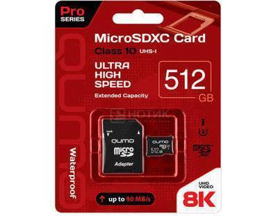 Qumo Карта памяти Qumo microSDXC 512GB Pro series microSDXC Class 10 UHS-I, U3 + SD адаптер, Черный QM512GMICSDXC10U3 QM512GMICSDXC10U3