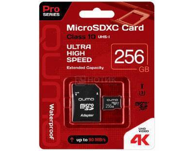 Qumo Карта памяти Qumo microSDXC 256GB Pro series microSDXC Class 10 UHS-I, U3 + SD адаптер, Черный QM256GMICSDXC10U3 QM256GMICSDXC10U3