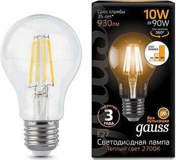 Gauss Лампа GAUSS LED Filament A60 E27 10W 970lm 4100К step dimmable 1/10/40 