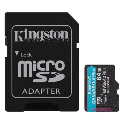 Kingston Карта памяти microSDXC UHS-I U3 KINGSTON Canvas Go! Plus 64 ГБ, 170 МБ/с, Class 10, , 1 шт., переходник SD SDCG3/64GB 