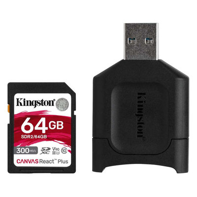 Kingston Карта памяти microSDXC UHS-II U3 KINGSTON React Plus 64 ГБ, 300 МБ/с, Class 10, , 1 шт., переходник SD MLPR2/64GB 