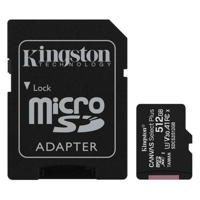 Kingston Карта памяти microSDXC UHS-I U3 KINGSTON Canvas Select Plus 512 ГБ, 100 МБ/с, , 1 шт., переходник SD SDCS2/512GB 