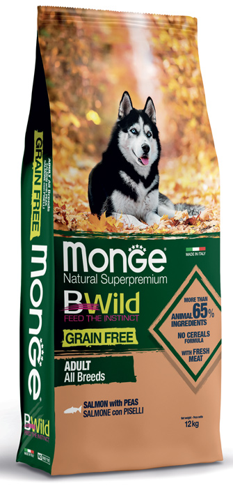 MONGE Сухой корм для собак Monge BWild Grain Free с лососем и горохом 12 кг 