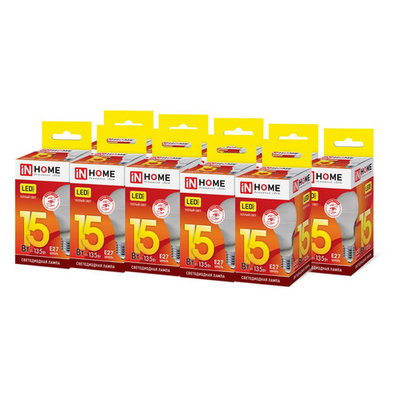 InHome Упаковка ламп INHOME LED-A60-VC, 15Вт, 1350lm, 30000ч, 3000К, E27, 10 шт. 