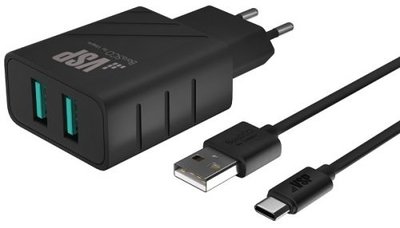 BoraSco Зарядное устройство сетевое BoraSco 2USB, 2,4A + дата-кабель Type-C, 2А, 1м, черное 37264 