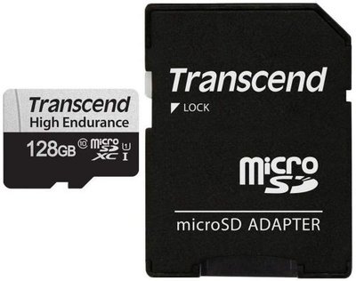 Transcend Карта памяти 128GB Transcend microSDXC Class 10, UHS-I U1, High Endurance, (SD адаптер), R/W: 100/45 MB/s, 3D TLC TS128GUSD350V 
