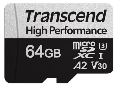 Transcend Карта памяти 64GB Transcend High Performance, microSDXC UHS-I U3, V30, A2 [R/W - 100/85 MB/s] с адаптером TS64GUSD330S 