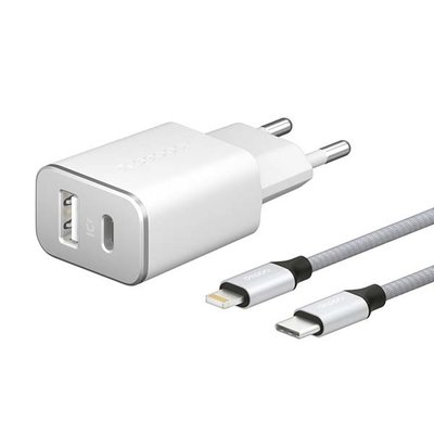 Deppa Сетевое зарядное устройство Deppa USB-C+USB-A, PD 3.0,каб.USB-C-Lightning MFI белый 