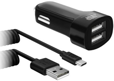 BoraSco Зарядное устройство автомобильное BoraSco 2USB, 2,1A + витой дата-кабель Type-C, 2А, 2м черное 20819 