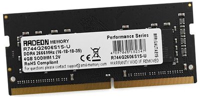 Amd Модуль памяти SODIMM DDR4 4GB AMD PC4-21300 2666MHz CL16 1.2V RTL R744G2606S1S-U 