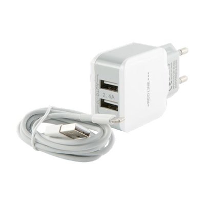Red Line Зарядное устройство сетевое Red Line УТ000013631 2 USB, 2.4A + кабель Lightning для Apple, белый NC-2.4A УТ000013631