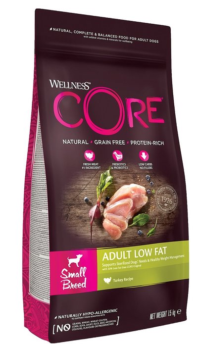 Core Сухой корм Wellness CORE "Индейка с курицей" со сниженным содержанием жира для взрослых собак мелких пород, 1,5кг 10738*