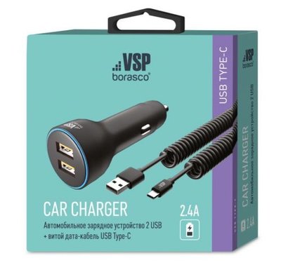 BoraSco Зарядное устройство автомобильное BoraSco 2*USB, 2,4A, дата-кабель Type-C, 2А, 1м черное 50179 BoraSco 50179