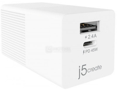 j5create Сетевое зарядное устройство j5create USB-C Mini Charger 45W, USB Type-C, USB, Белый JUP2445 45W Dynamic PD USB-C Mini Charger (белый) JUP2445