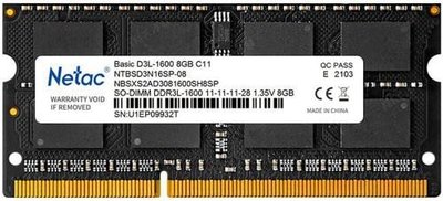 Netac Оперативная память NETAC Basic DDR3L - 1x 8ГБ 1600МГц, для ноутбуков (SO-DIMM), Ret SO-DIMM DDR3L NTBSD3N16SP-08 8Gb NTBSD3N16SP-08