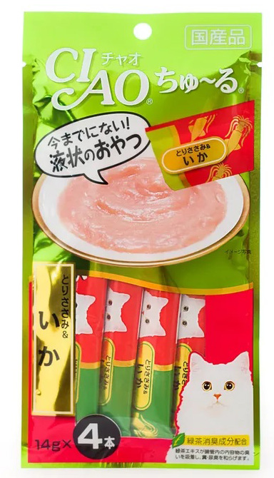 Inaba Лакомство для кошек Inaba Чао Чуру филе курицы и кальмар пюре 0,056 кг 